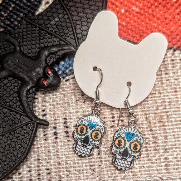 Halloween Day of the Dead Multicolor Skulls Dangle Earrings-Handmade! - Picture 4 of 6